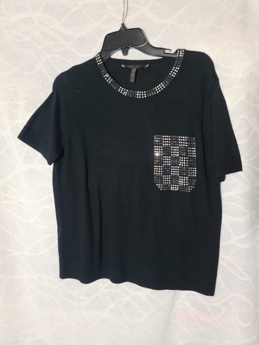BCBGeneration Black Short Sleeve Sweater with Studded Neckline & Pocket